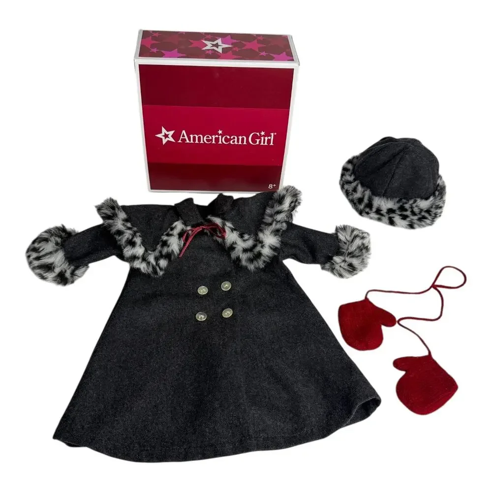 American Girl Doll Nellie Holiday Coat Hat & Mittens Faux Fur Animal Print Box